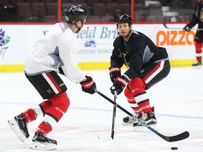 Senators forward Chris Neil (left) and defenceman Marc Methot skate during morning practice at the Canadian Tire Centre in Ottawa on Wednesday, April 6, 2016. (Jean Levac/Postmedia)