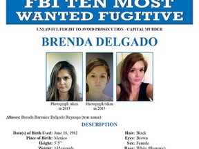 An FBI Most Wanted poster for Brenda Delgado is seen in an undated image released by the FBI April 6, 2016.  Delgado was added to the Ten Most Wanted Fugitive list in connection with a 2015 murder-for-hire plot in Dallas, Texas,during which a prominent dentist was shot and killed. Delgado is currently the only woman on the FBI's Ten Most Wanted list. (REUTERS/FBI/Handout via Reuters)