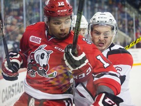 Stephen Harper of the Niagara IceDogs and Ryan Orban of the Ottawa 67's fight for the puck in OHL playoff action at the Meridian Centre in St. Catharines on April 1. (Julie Jocsak/Postmedia Network)