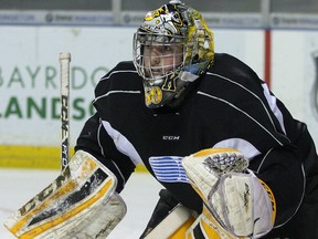 Goalie Jeremy Helvig watches the action during the Kingston Frontenacs’ practice Wednesday. (Ian MacAlpine/The Whig-Standard)