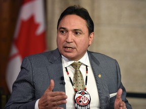 Assembly of First Nations National Chief Perry Bellegarde participates in interviews as he reacts to the federal budget on Parliament Hill on March 22, 2016 in Ottawa. THE CANADIAN PRESS/Justin Tang