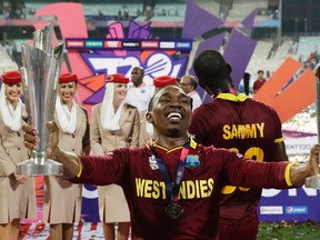 West Indies all-rounder Dwayne Bravo celebrates after his team's win over Engalnd in the final of the ICC World Twenty20 2016 cricket tournament at Eden Gardens in Kolkata, India, on April 3, 2016. (SAURABH DAS/AP)