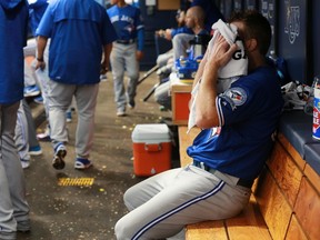 Toronto Blue Jays starting pitcher Gavin Floyd reacts in the dugout during the eighth inning of his team's game against the Tampa Bay Rays at Tropicana Field in St. Petersburg, Fla., on April 6, 2016. (KIM KLEMENT/USA TODAY Sports)