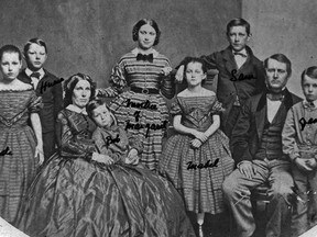 John and Mabel Buchanan family, circa 1860, from the left: Kate and Hume (twins), Mabel (mother), Bob, Elizabeth, Mabel, Sam, John S. (father), and James. John R. is missing. Photo courtesy of Janet Wershow of Corvallis, Oregon, a great-great granddaughter of John S. and Mabel Buchanan.