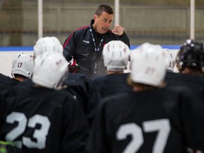 Ottawa 67's assistant coach Misha Donskov instructs his players at training camp on Aug. 28,2013. (Errol McGihon/Ottawa Sun/Postmedia)