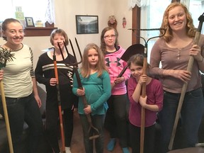 Children were busy at the Wawanosh Life Skills 'Grow Your Own' club on March 28, 2016. Loretta Higgins, Abby Robinson, Deanna Haanstra, Gayle McIlhargey, Kayla Drennan, and Maisy Jefferson are seen holding the "tools of the trade" for gardening. (Submitted)