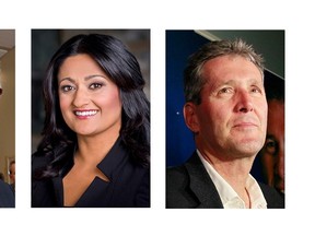 NDP leader Greg Selinger (left), Liberal leader Rana Bokhari, and Progressive Conservative leader Brian Pallister squared off at a debate Thursday afternoon in Brandon. (CANADIAN PRESS PHOTOS)