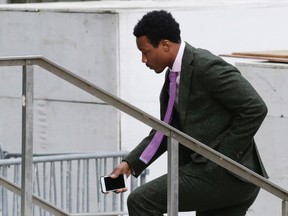 Jets wide receiver Brandon Marshall enters federal court in New York City on Thursday, April 7, 2016. (Mark Lennihan/AP Photo)