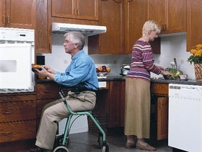 An accessible kitchen expands the traditional work triangle formed by the sink, stove and refrigerator. To be successful, it should include all work areas, as well as garbage disposal and the dishwasher.