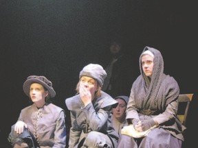 Fanshawe theatre students Paige Hunt-Harman (playing Rose), left, Meghan Frayne (Jane) and Madison Stoner (Grace) perform in Byrthrite, a play set in 17th-century England. It opens Friday at the Good Foundation Theatre. (Breanne Mackenzie/Special to Postmedia News)