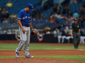Blue Jays relief pitcher Arnold Leon looks down after he gave up a three-run home run against the Rays during the eighth inning at Tropicana Field in St. Petersburg, Fla., on Wednesday, April 6, 2016. (Kim Klement/USA TODAY Sports)