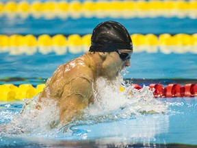Olympic qualifier Ashton Baumann swims in the men’s 200-metre breaststroke during the Olympic swimming trials at the Pan Am Sports Centre in Toronto Thursday April 7, 2016. (Ernest Doroszuk/Toronto Sun/Postmedia Network)