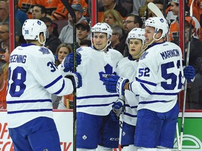 Toronto Maple Leafs winger William Nylander (39) celebrates with teammates after scoring against the Philadelphia Flyers Thursday at Wells Fargo Center. (Eric Hartline-USA TODAY Sports)