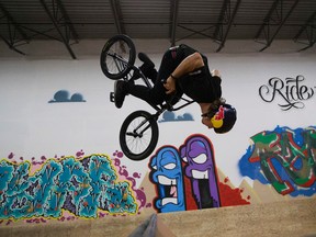 Drew Bezanson demonstrates some of his BMX freestyle skills during a media launch for the Festival International des Sports Extrêmes (FISE) on April 7, 2016 in Edmonton. FISE Worlds Edmonton takes place at Hawrelak Park on September 16-18. (Greg Southam)