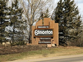 Welcome to Edmonton sign coming from Calgary on Gateway Boulevard.