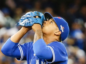 Marcus Stroman reacts during an ALCS game versus the Kansas City Royals on  Oct. 19, 2015. (Stan Behal/Toronto Sun)