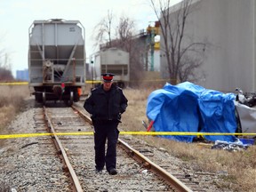 A freight train struck a vehicle near Hurontario St. and Sandalwood Pkwy. in Brampton on April 8, 2016. One person was killed while another was airlifted to hospital. (Dave Abel/Toronto Sun)