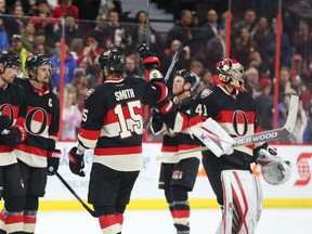 Ottawa Senators players wave to the fans after their final home game of the season at Canadian Tire in Ottawa on April 07, 2016. (Jean Levac/Postmedia)