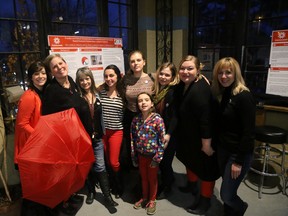 From left to right: Melisa Boose, Jodi Hall, Billie Jones, Julie Baumann, Magdalen Moulton-Sauve, Ayla Baumann, Holly Weaver, Amanda Wilcox Kerrouch, and Karen Jenkins, who all took part in the release of a recently completed needs assessment April 6, 2016 for London’s sex worker community. (Photo submitted)