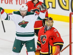 Thomas Vanek of the Minnesota Wild celebrates a goal in front of Calgary Flames goalie Jonas Hiller in Calgary on Feb. 17, 2016. (Lyle Aspinall/Postmedia Network)