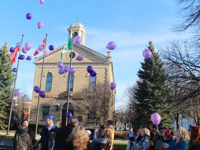 A small group gathered to release purple balloons in honour of Victoria (Tori) Stafford on Friday, April 8, 2016. Her dad, Rodney Stafford, thanked the community for ongoing support on the seventh aniversary of his daughter's disappearance. (MEGAN STACEY, Sentinel-Review)