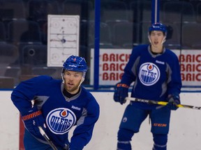 Edmonton Oilers forward Taylor Hall drills during practice at Rexall Place in Edmonton, Alta on Tuesday, April 5, 2016.