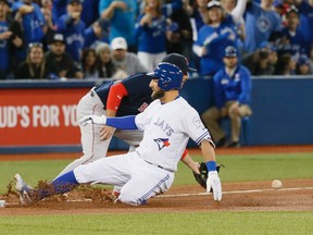 Kevin Pillar hits a triple in the Blue Jays home opener against the Red Sox at the Rogers Centre in Toronto on Friday, April 8, 2016. (Stan Behal/Toronto Sun)