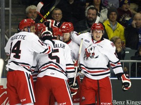 Niagara Ice Dogs' William Lochead celebrates after Vince Dunn scores the team's second goal of the night during their Ontario Hockey League Eastern Conference semifinal series versus Kingston at the Rogers K-Rock Centre in Kingston on Friday. (Steph Crosier/The Whig-Standard)
