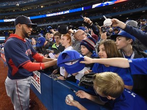 Red Sox pitcher David Price signs autographs for fans before the start of the Blue Jays home opener in Toronto on Friday April 8, 2016. (Frank Gunn/THE CANADIAN PRESS)