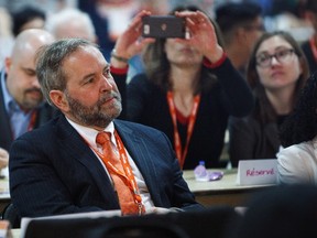 Federal NDP Leader Thomas Mulcair listens to a speech during the 2016 NDP Federal Convention in Edmonton on Saturday, April 9, 2016. (THE CANADIAN PRESS/Codie McLachlan)