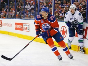 Apr 6, 2016; Edmonton, Alberta, CAN; Edmonton Oilers forward Leon Draisaitl (29) looks for a pass during the third period at Rexall Place.