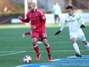 Ottawa Fury FC defender Kyle Porter carries the ball during first-half action against the New York Cosmos at James M. Shuart Stadium in New York on April 3, 2016. (Anthony Gruppuso/USA TODAY Sports)