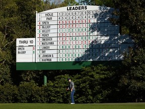 Jordan Spieth reacts after missing a putt on the 11th green during the third round of the Masters golf tournament at Augusta National Golf Club in Augusta, Ga., on April 9, 2016. (Rob Schumacher/USA TODAY Sports)