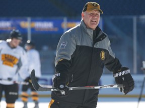 Boston Bruins coach  Claude Julien skates on the ice during practice the day prior to the Winter Classic at Gillette Stadium in Foxborough, Mass., on Dec. 31, 2015. (Greg M. Cooper/USA TODAY Sports)