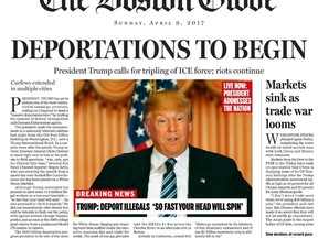 This image shows a portion of a satirical front page of The Boston Globe published on the newspaper's website on April 9, 2016. The editorial board of The Boston Globe used the parody to express its uneasiness with a potential Donald Trump presidency. (The Boston Globe via AP)