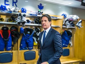 Brendan Shanahan, president of the Toronto Maple Leafs, finishes addressing media during the Leafs locker clean out at the Air Canada Centre in Toronto Sunday April 10, 2016. (Ernest Doroszuk/Toronto Sun)