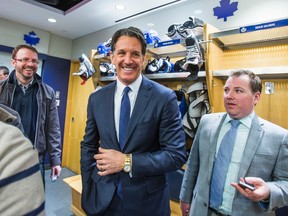 Brendan Shanahan, president of the Toronto Maple Leafs, finishes addressing print media during the Leafs locker clean out at the Air Canada Centre in Toronto, Ont. on Sunday April 10, 2016. (Ernest Doroszuk/Toronto Sun/Postmedia Network)