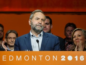 Federal NDP leader Thomas Mulcair gives a concession speech after the party voted for a leadership review during the Edmonton 2016 NDP national convention at Shaw Conference Centre in Edmonton, Alta., on Sunday, April 10, 2016. Ian Kucerak/Postmedia Network