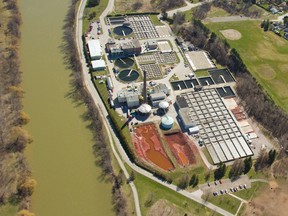 An aerial view of Greenway pollution plant, with the Thames River at left. London?s waste water treatment plants dumped 59,473 cubic metres of raw sewage into the river during the first three months of 2016. (MIKE HENSEN, The London Free Press)