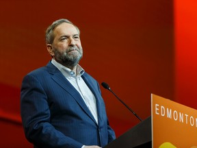 Federal NDP leader Thomas Mulcair speaks during the Edmonton 2016 NDP national convention at Shaw Conference Centre in Edmonton, Alta., on Sunday, April 10, 2016. Ian Kucerak/Postmedia Network