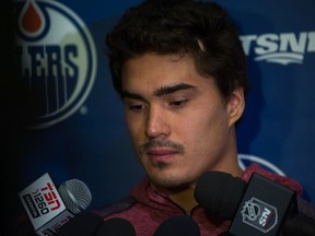 Nail Yakupov speaks to reporters during locker clean-out day at Rexall Place Sunday. (Topher Seguin)