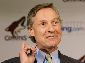 In this May 29, 2007, file photo, Don Maloney talks with the media after being named the new general manager of the Phoenix Coyotes, in Glendale, Ariz. (AP Photo/Ross D. Franklin, File)