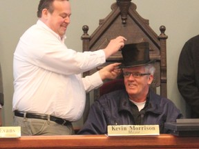 Goderich Mayor Kevin Morrison places the top hat on the head of Captain Huib Van Der Mijle of the Amstelborg, the first ship into the Port of Goderich in 2016. The annual top hat ceremony took place on April 4. (Laura Broadley/Goderich Signal Star)