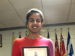 Prerna Shah is won the Royal Canadian Legion’s public speaking event in Kincardine on March 5 and went on to compete in Fergus on April 2 where she won again. Shah will move on to the Owen Sound competition on April 17. (Contributed photo)