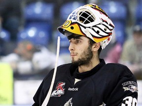 Trenton Golden Hawks netminder Daniel Urbani takes a break during the OJHL North East Conference final. (OJHL Images)