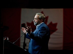 Federal NDP leader Thomas Mulcair makes a speech during the 2016 NDP Federal Convention in Edmonton Alta, on Sunday April 10, 2016. THE CANADIAN PRESS/Jason Franson