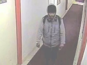 A screengrab from video released Monday by Toronto Police of a man sought in a sex assault in an apartment building near Parliament and Howard Sts. Saturday, April 9, 2016.