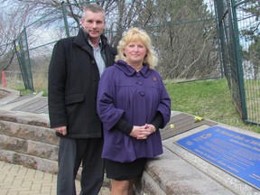 Standing in the VON Memorial Garden in Centennial Park on Monday April 11, 2016 in Sarnia, Ont., are Scott Wilkie, fund development and community relations coordinator for VON Canada in Sarnia-Lambton, and VON board member Lynn Sproviero. VON, and other groups with memorials in the city park, are waiting to learn how they will be impacted by work planned there this year. (Paul Morden, The Observer)