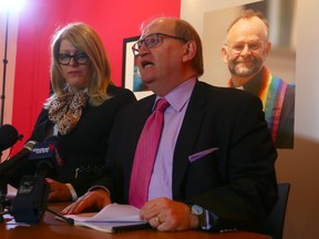 Rachel Lauren Clark and human rights lawyer Douglas Elliott speaks to the media in Toronto about a fund set up for Brent Hawkes (pictured) who is facing legal charges in Nova Scotia, on Monday April 11, 2016. (Dave Abel/Toronto Sun)