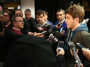 Mike Hoffman of the Ottawa Senators talks to reporters during locker cleanout day at Canadian Tire Centre in Ottawa on April 11, 2016. (Jean Levac/Postmedia)